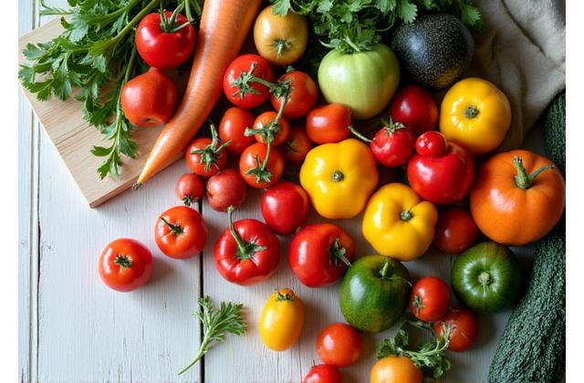 Разнообразные свежие сезонные фрукты и овощи, красиво выложенные на деревянном столе, с яркими цветами и натуральным освещением.